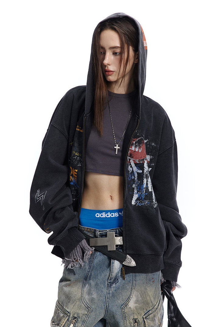 Charcoal oversized graffiti hoodie worn open in a three-quarter front view.
