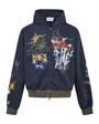 Navy oversized graffiti graphic zip-up hoodie isolated on white.