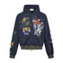 Navy oversized graffiti graphic zip-up hoodie isolated on white.
