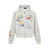 Heather gray oversized graffiti zip-up hoodie isolated on white.