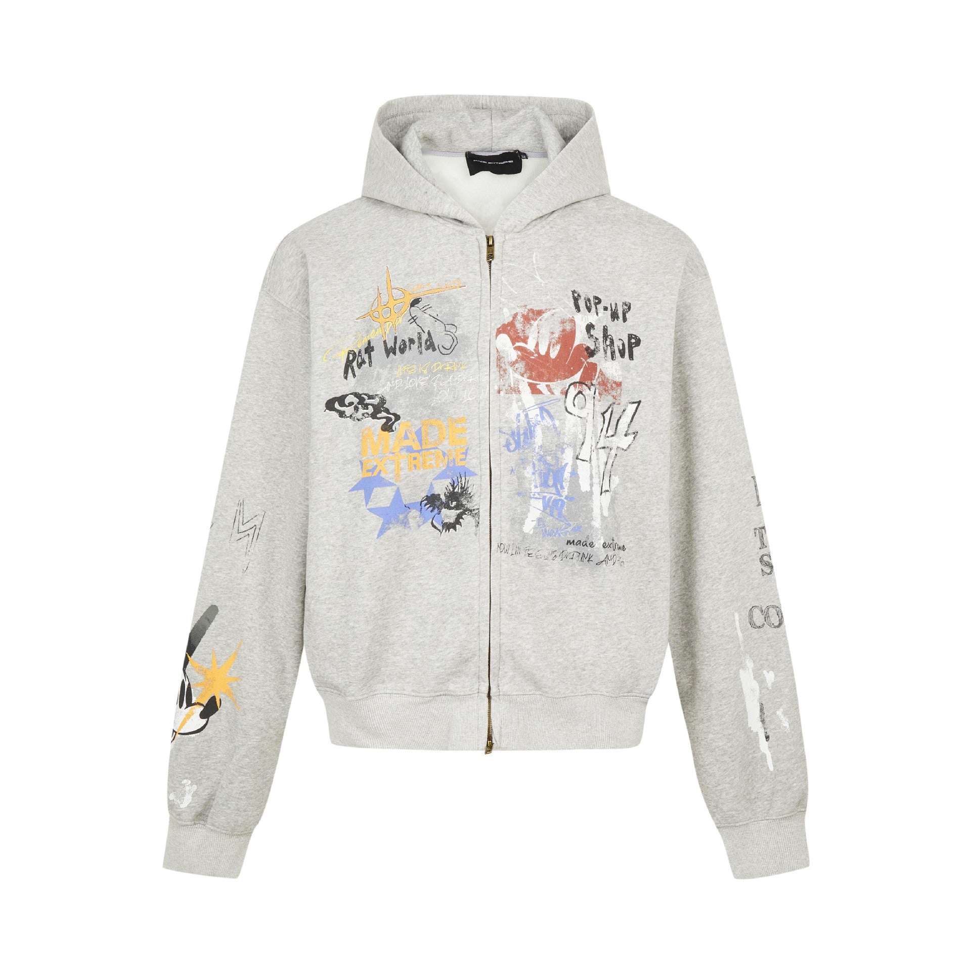 Heather gray oversized graffiti zip-up hoodie isolated on white.