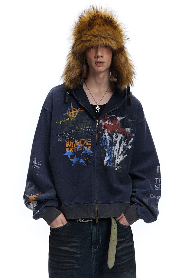 Front styling view of navy graphic zip-up hoodie with ribbed cuffs and hem.