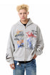 Close front view of gray zip-up hoodie showing multicolor graffiti graphics and long sleeves.