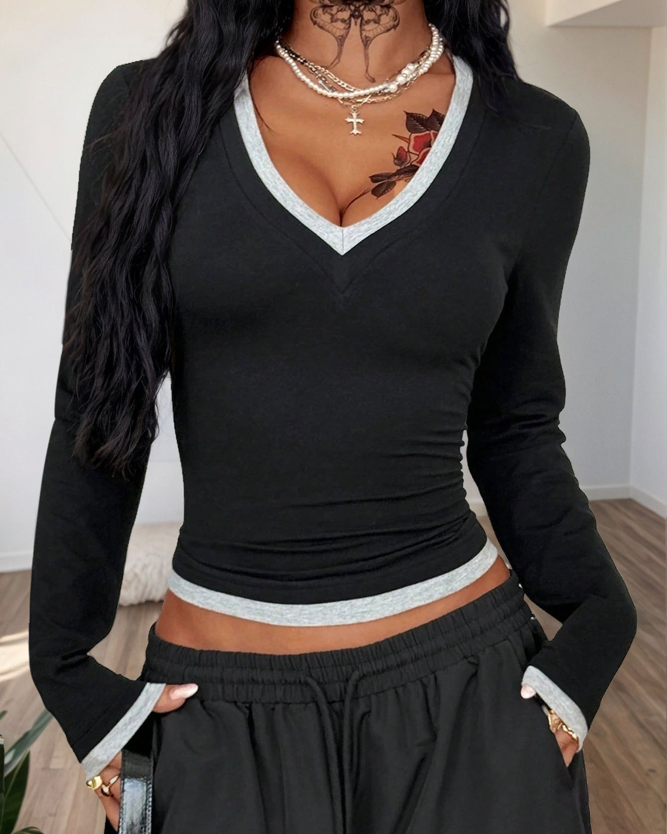 black V neck long sleeve top with contrast grey trim, slim fit, front close view
