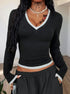 black V neck long sleeve top with contrast grey trim, slim fit, front close view