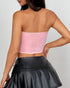 Rear view of plain pink velvet back panel on strapless corset.