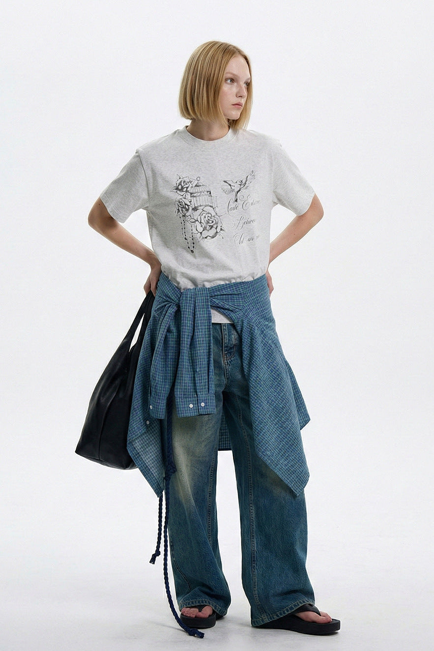 Heather gray birdcage rose graphic tee shown in a relaxed front view