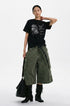 Black floral bird graphic T-shirt styled with olive cargo shorts