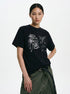 Black birdcage rose graphic T-shirt with center-front seam detail