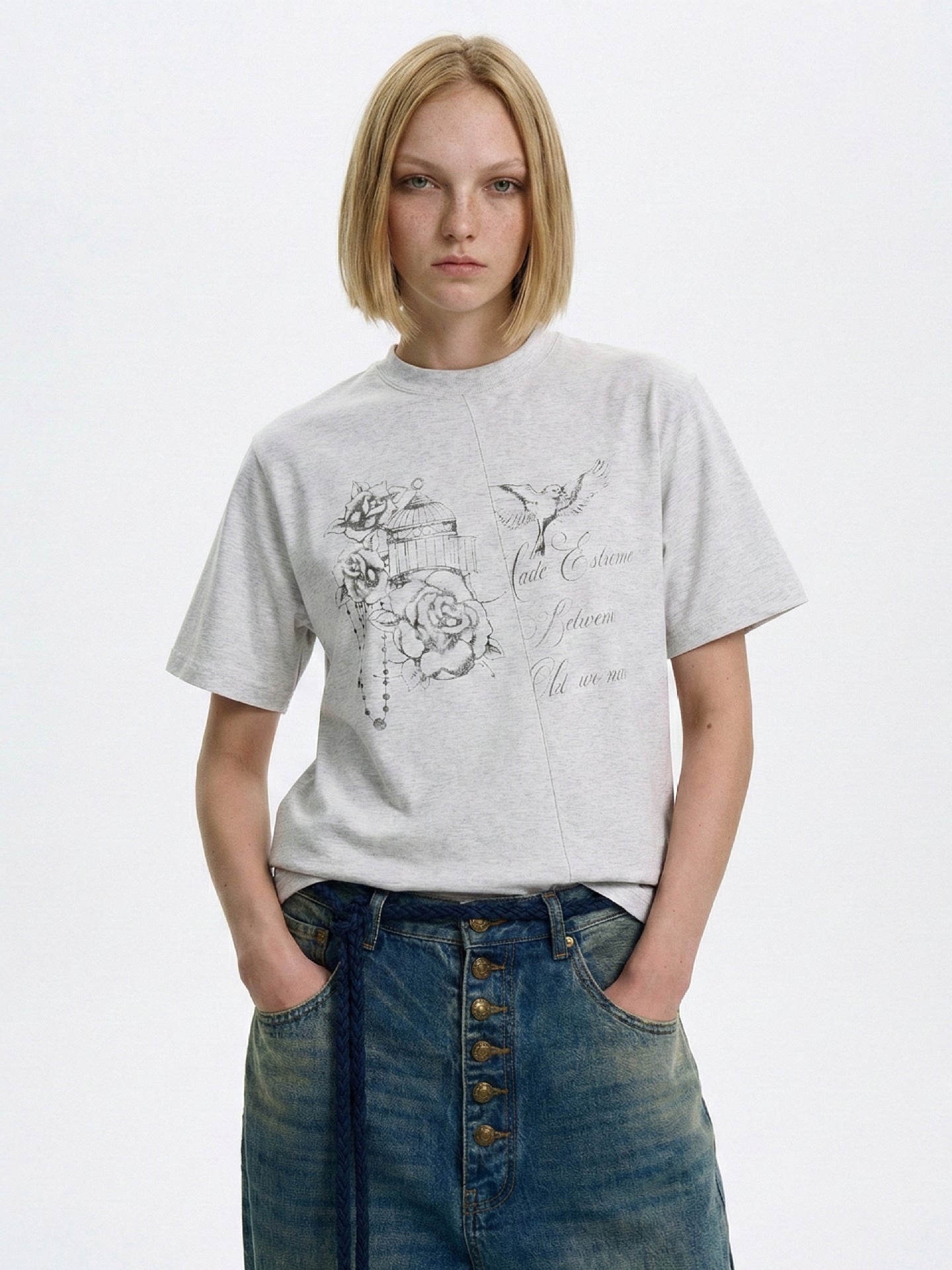 Heather gray hand-drawn bird graphic tee shown from the front