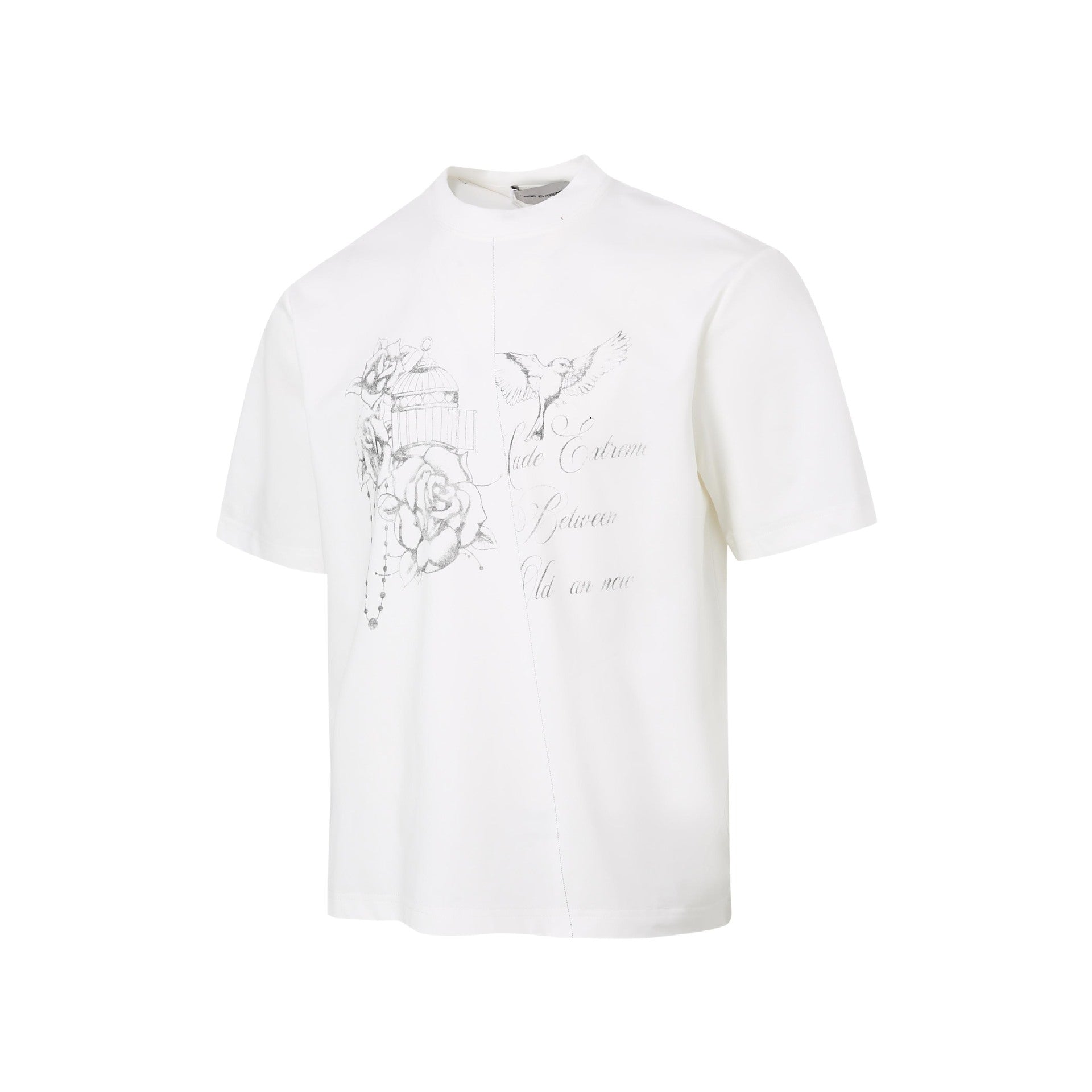 White vintage birdcage rose graphic T-shirt product view
