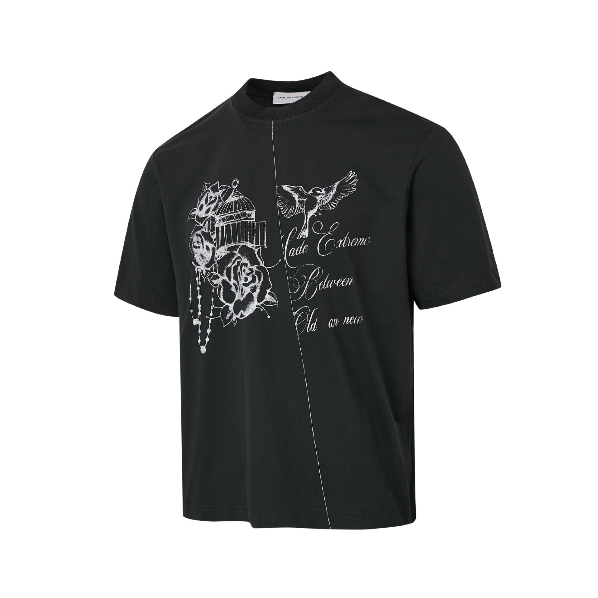 Black vintage birdcage rose graphic T-shirt product view