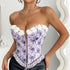 Lavender floral corset top with lace-up front and white 3D flower trim.
