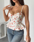 Vintage rose-print corset top with fitted bodice and flared hemline.