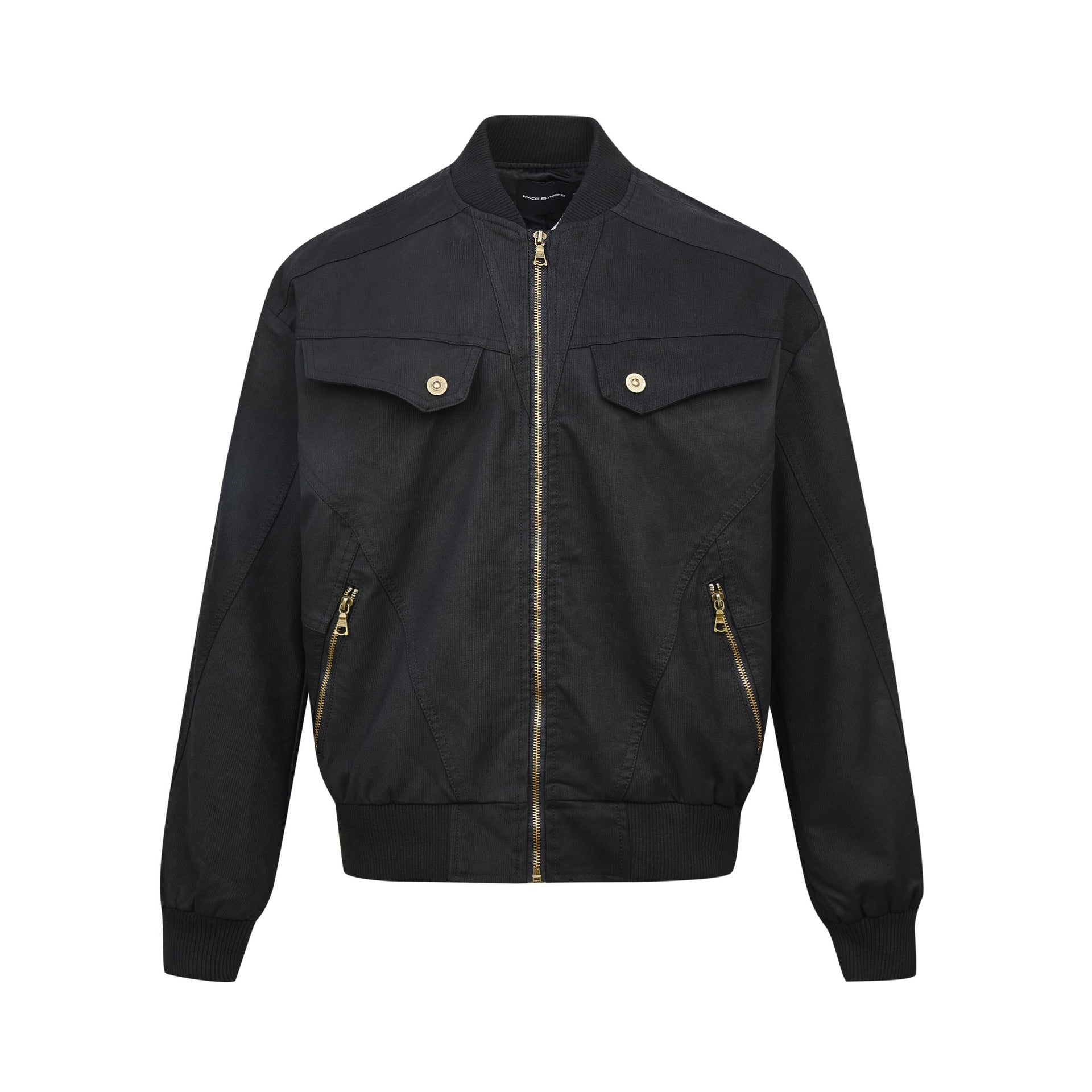 Black oversized Harrington jacket isolated on white with flap and zip pockets