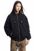 Three-quarter front view of black Harrington jacket with angled zip pockets