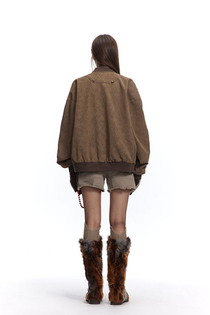 Back view of brown washed Harrington jacket with ribbed hem and dropped shoulders