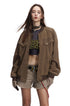Brown Harrington jacket worn open showing flap chest pockets and panel seams