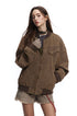 Three-quarter front view of brown oversized jacket with ribbed collar and cuffs
