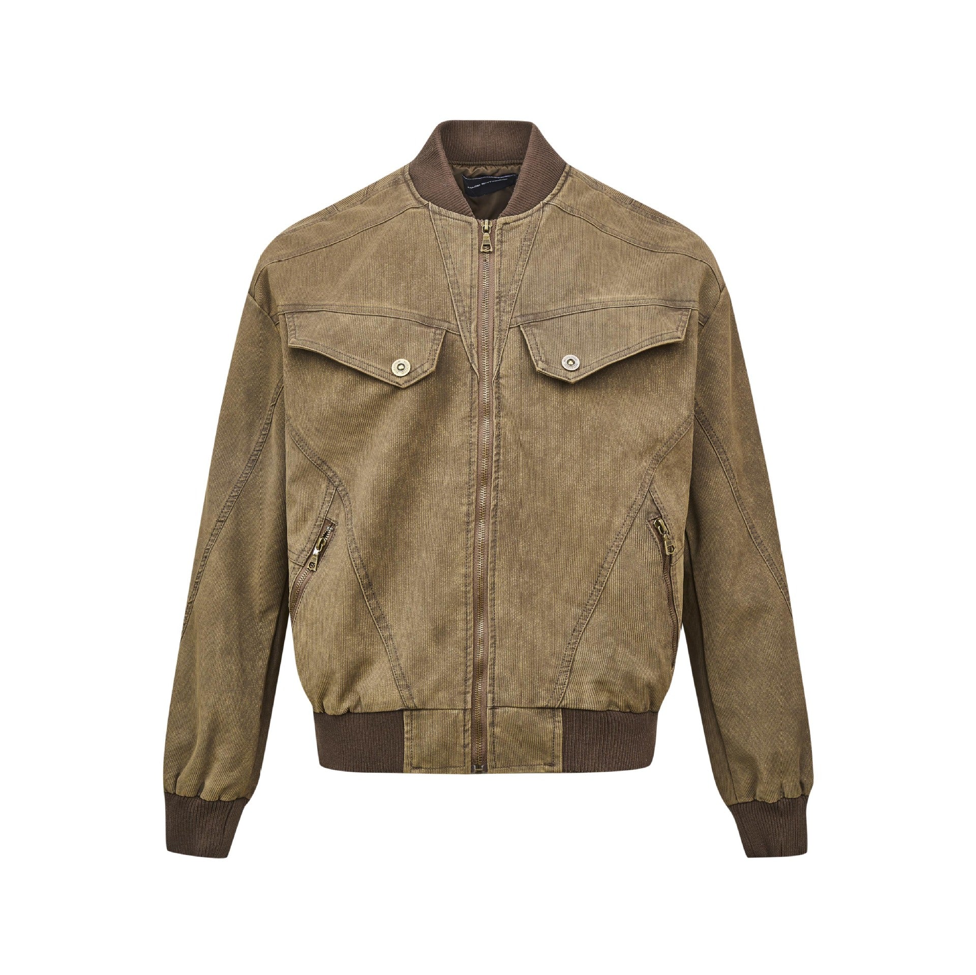 Brown washed Harrington jacket isolated on white with brass zipper and utility pockets