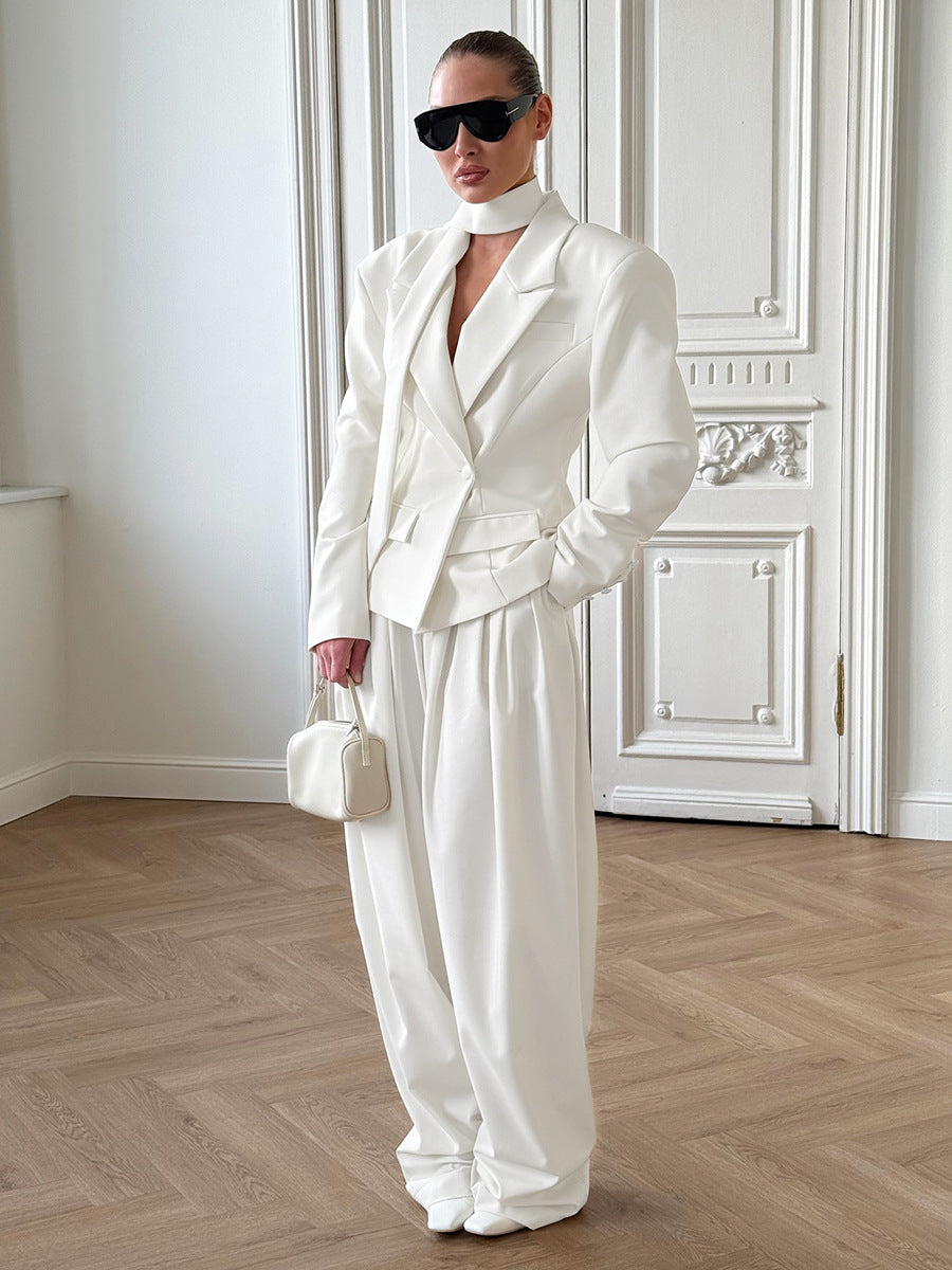 White blazer and wide-leg trouser outfit for women