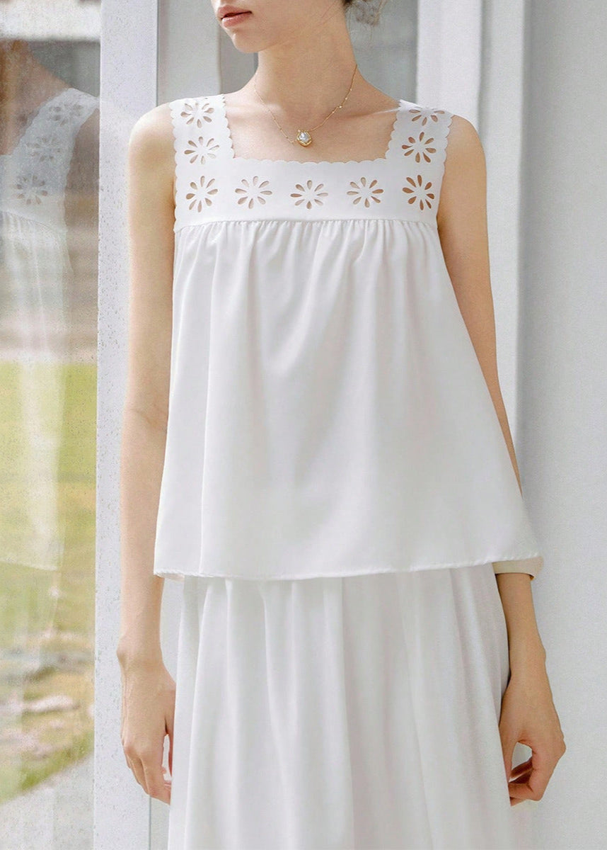 Front close-up of eyelet detail on white summer set