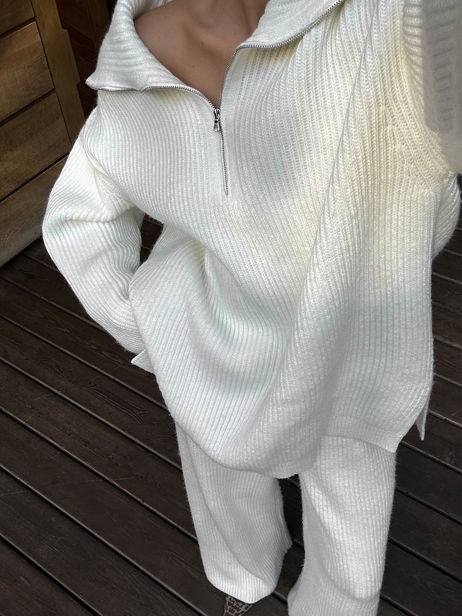 Close-up of white half zip sweater 2 piece set with knit texture