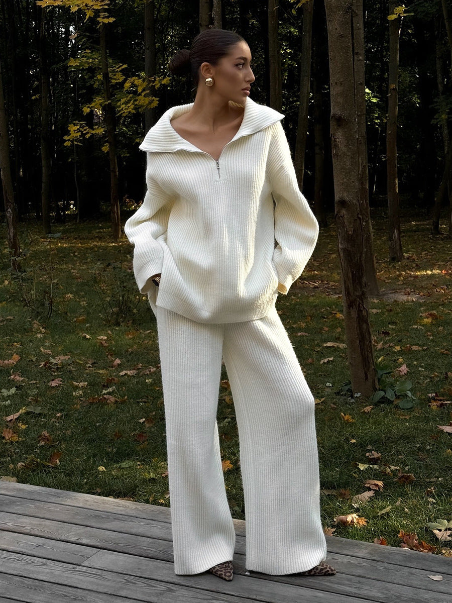 White half zip sweater 2 piece set with wide leg pants in forest setting