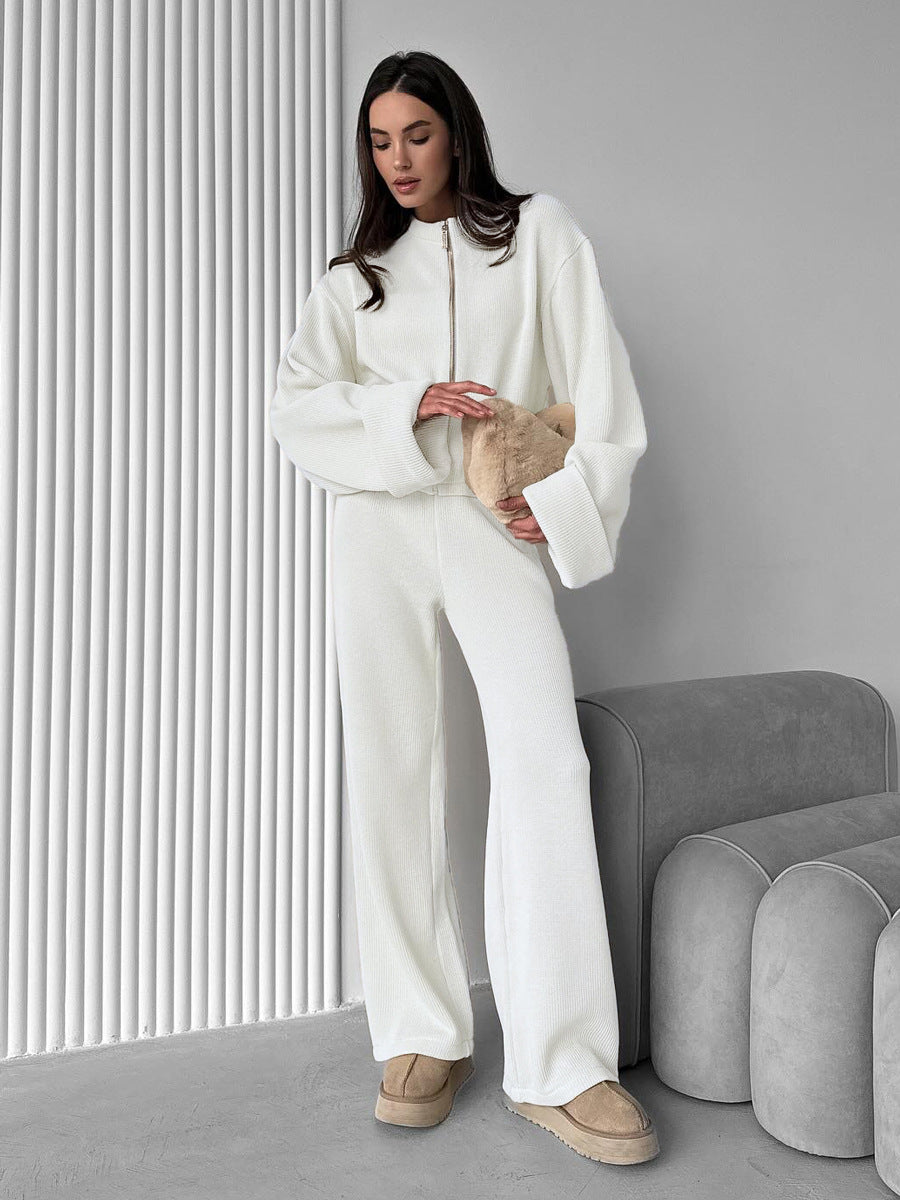 White knit lounge set with oversized zip jacket