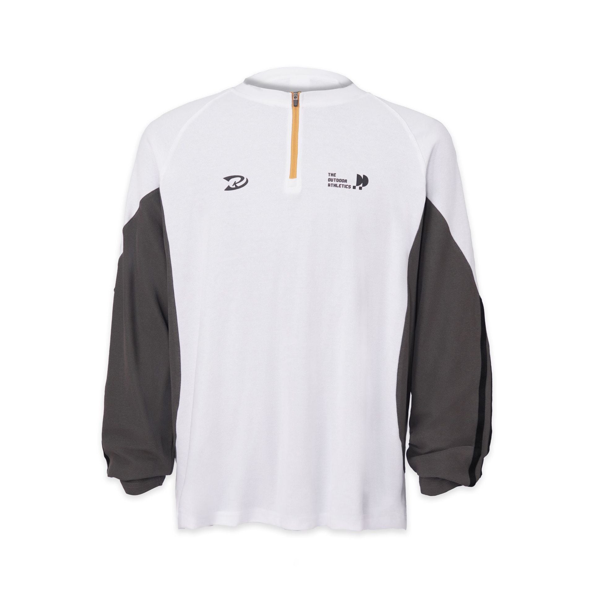 White retro contrast long sleeve t-shirt with gray sleeves and half-zip