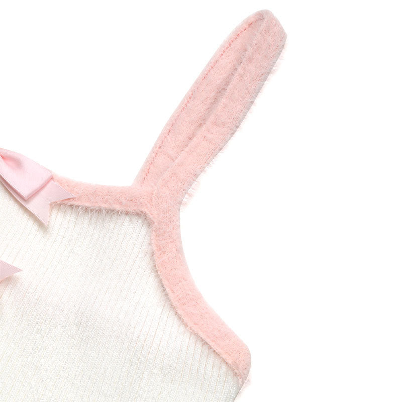 White Cami Tank Mini Dress Pink Trim, Ribbed Knit Fit ZINNTRA White Cami Tank Mini Dress Pink Trim, Ribbed Knit Fit ZINNTRA
