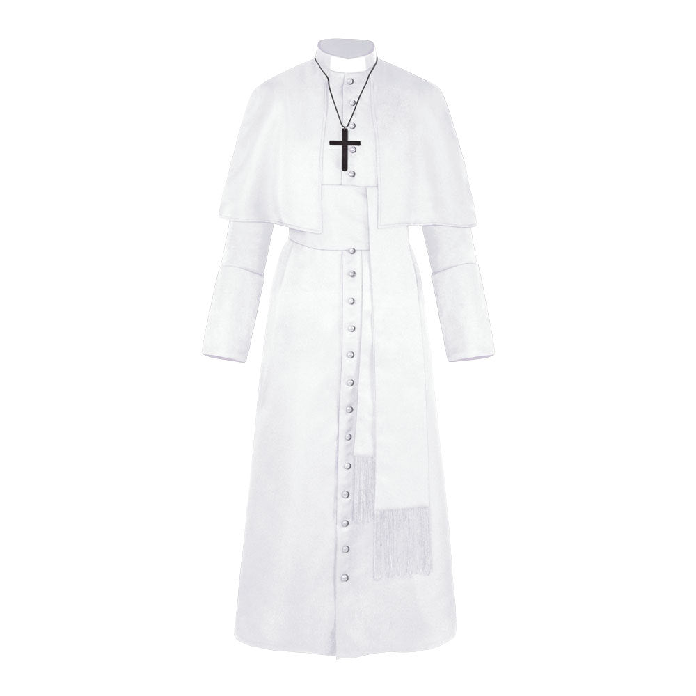 white clergy robe halloween costume with cape and collar