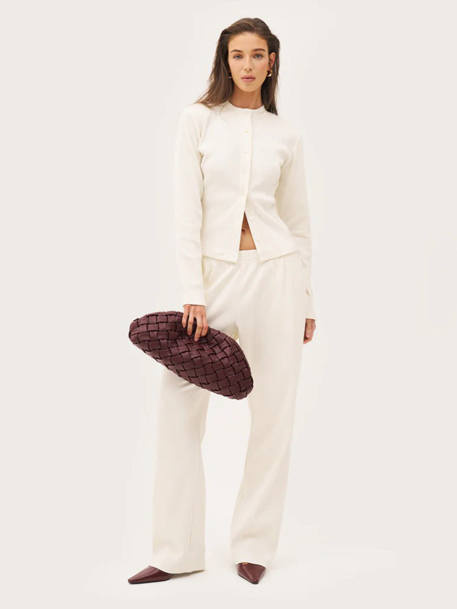 white ribbed co ord set worn by model full body front view