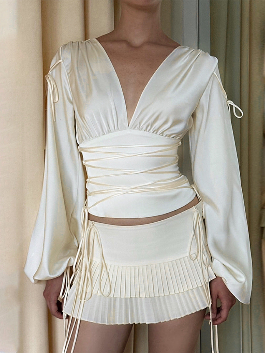 White satin top with ruched waist and V-neck front view