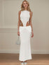 White sexy hollow-out maxi dress with high neckline and draped waist shown in full front view.