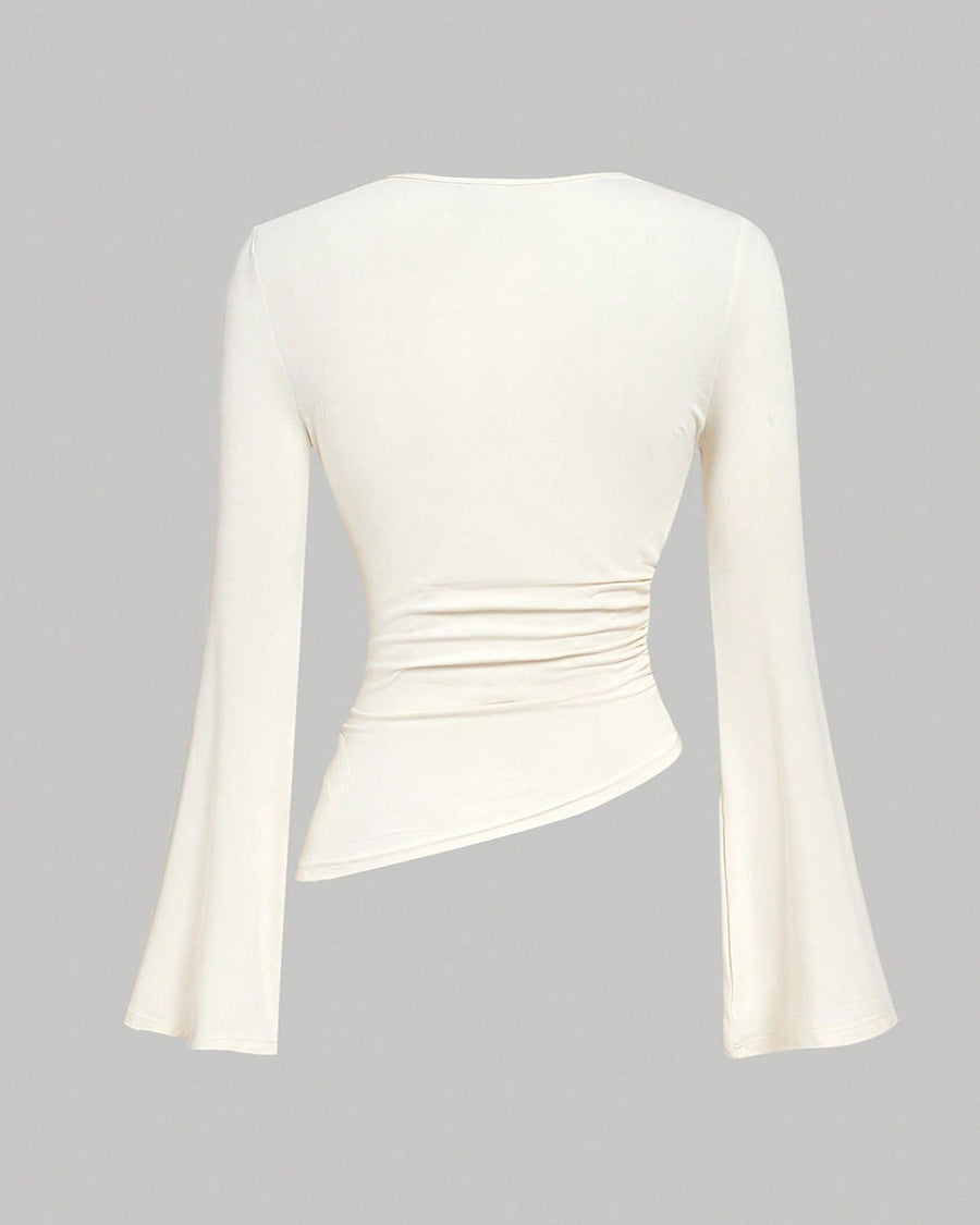 White shirt long sleeve tshirts back view, almond solid knit, slim fit, asymmetric side panel, bell sleeves