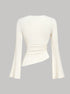 White shirt long sleeve tshirts back view, almond solid knit, slim fit, asymmetric side panel, bell sleeves