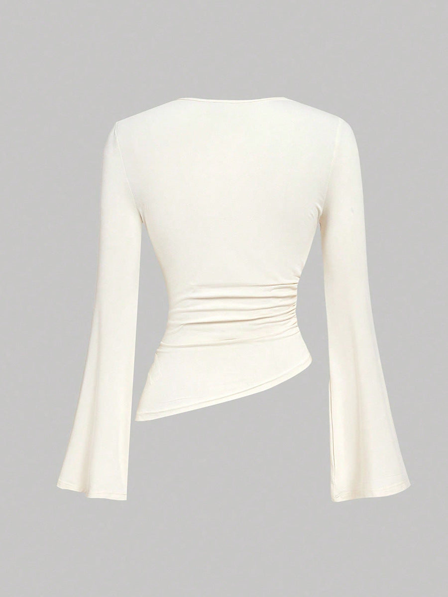 White shirt long sleeve tshirts back view, almond solid knit, slim fit, asymmetric side panel, bell sleeves