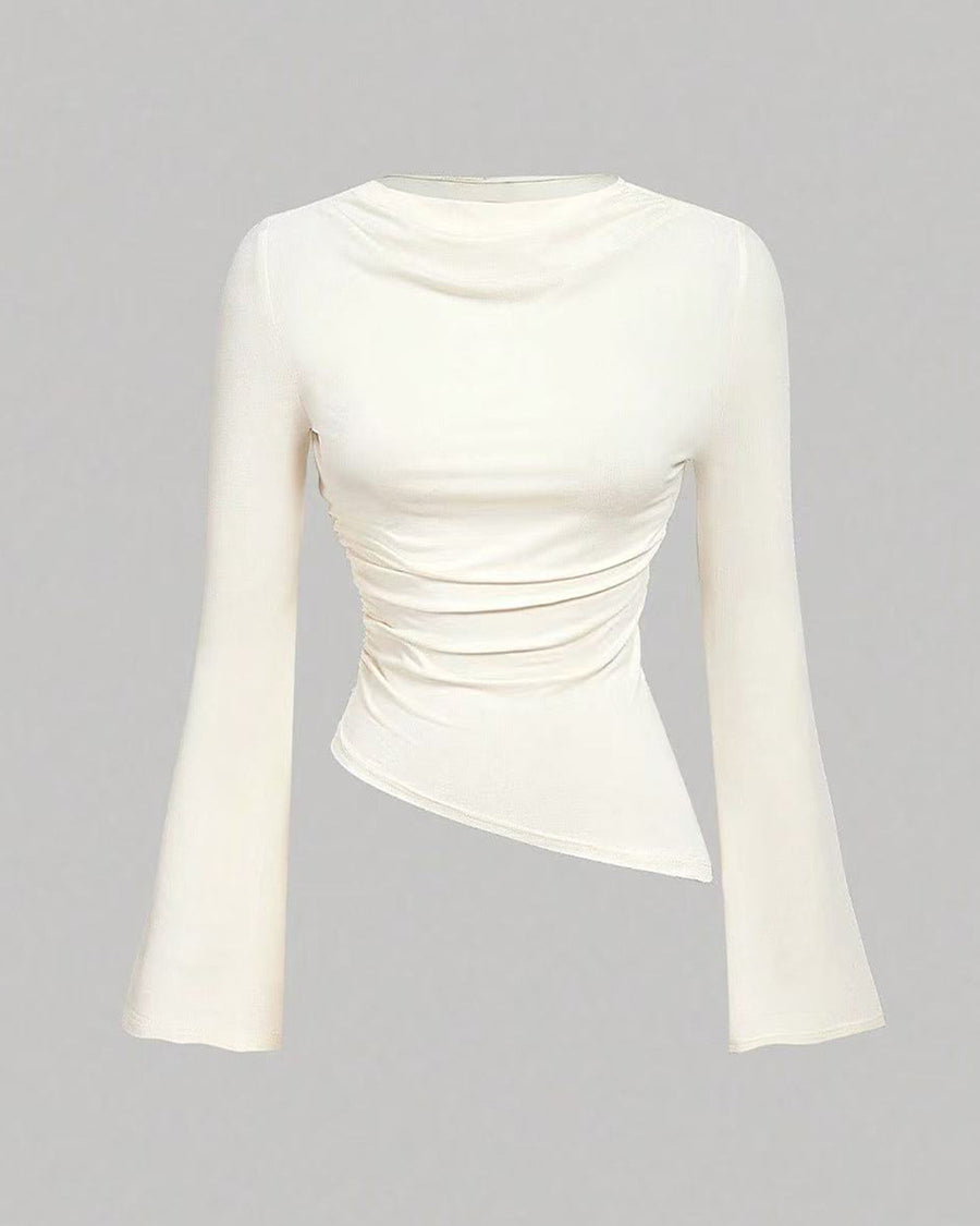 white shirt long sleeve tshirts front view, almond solid, ruched waist, asymmetric hem, bell sleeves, crew neck