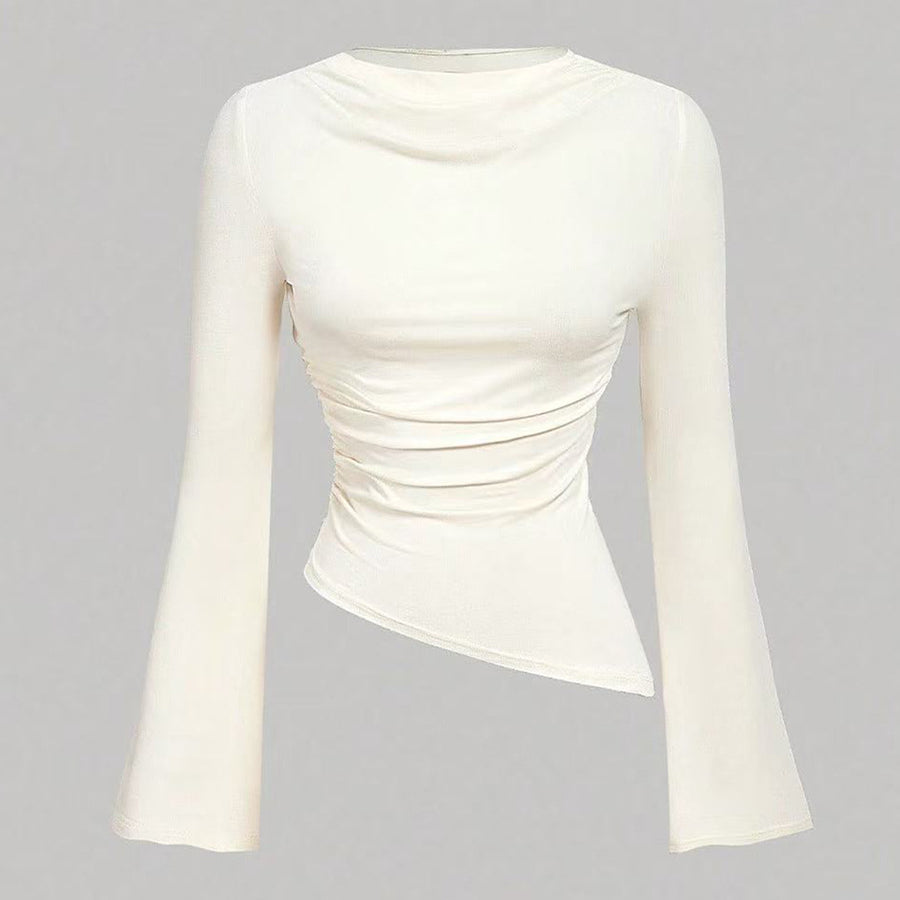 white shirt long sleeve tshirts front view, almond solid, ruched waist, asymmetric hem, bell sleeves, crew neck