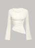 white shirt long sleeve tshirts front view, almond solid, ruched waist, asymmetric hem, bell sleeves, crew neck