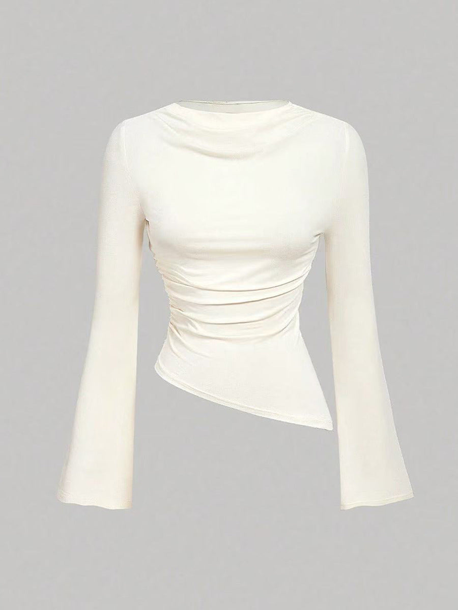 white shirt long sleeve tshirts front view, almond solid, ruched waist, asymmetric hem, bell sleeves, crew neck