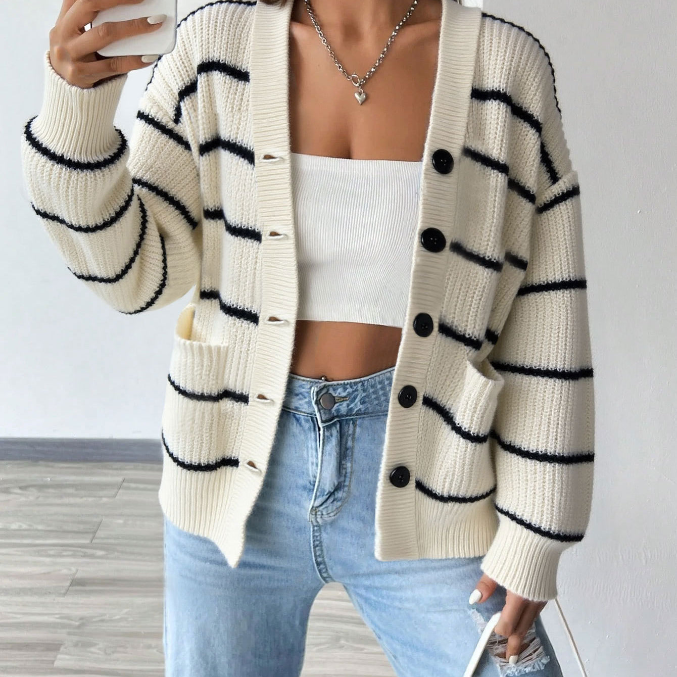 white striped cardigan front view oversized fit
