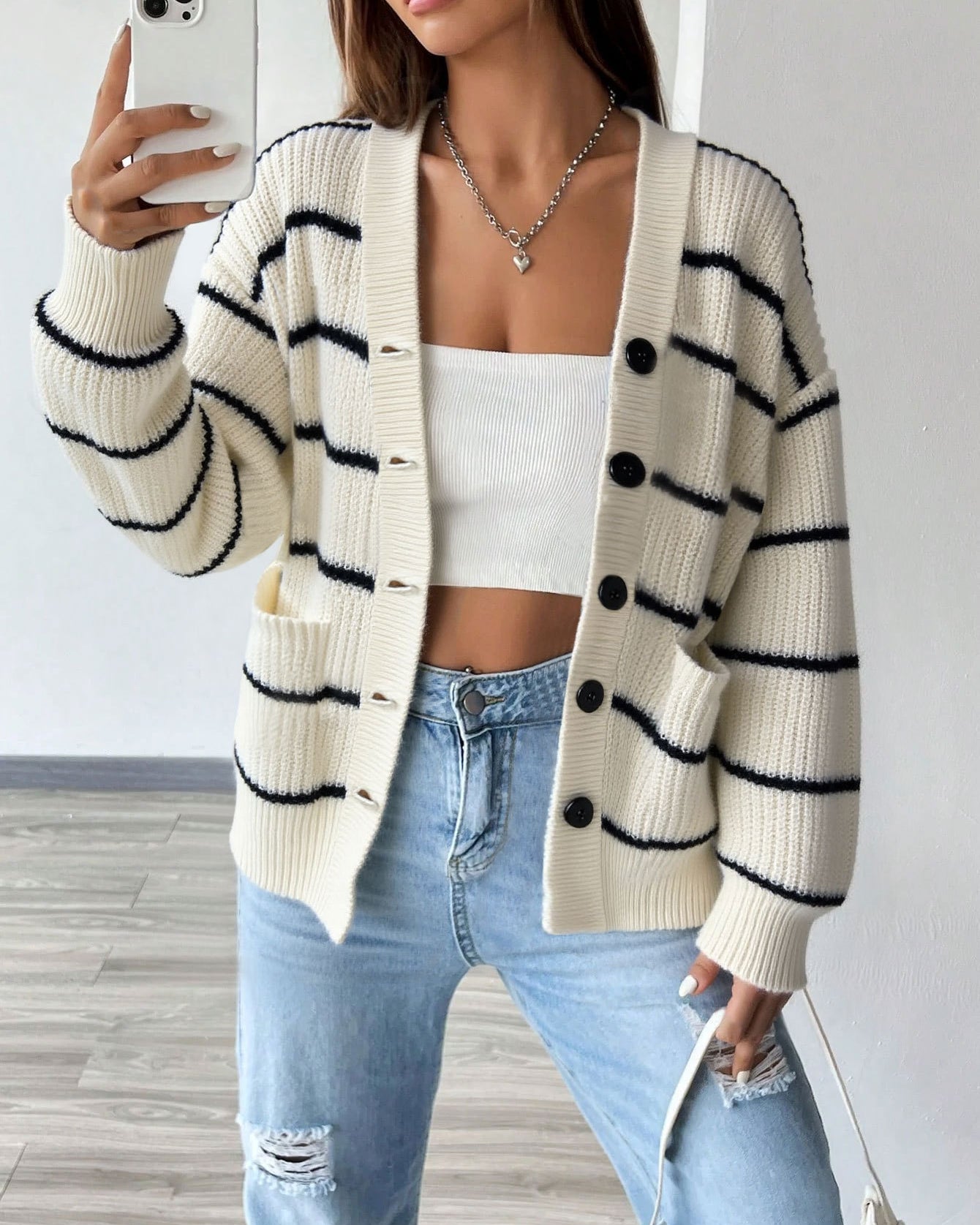 white striped cardigan front view oversized fit
