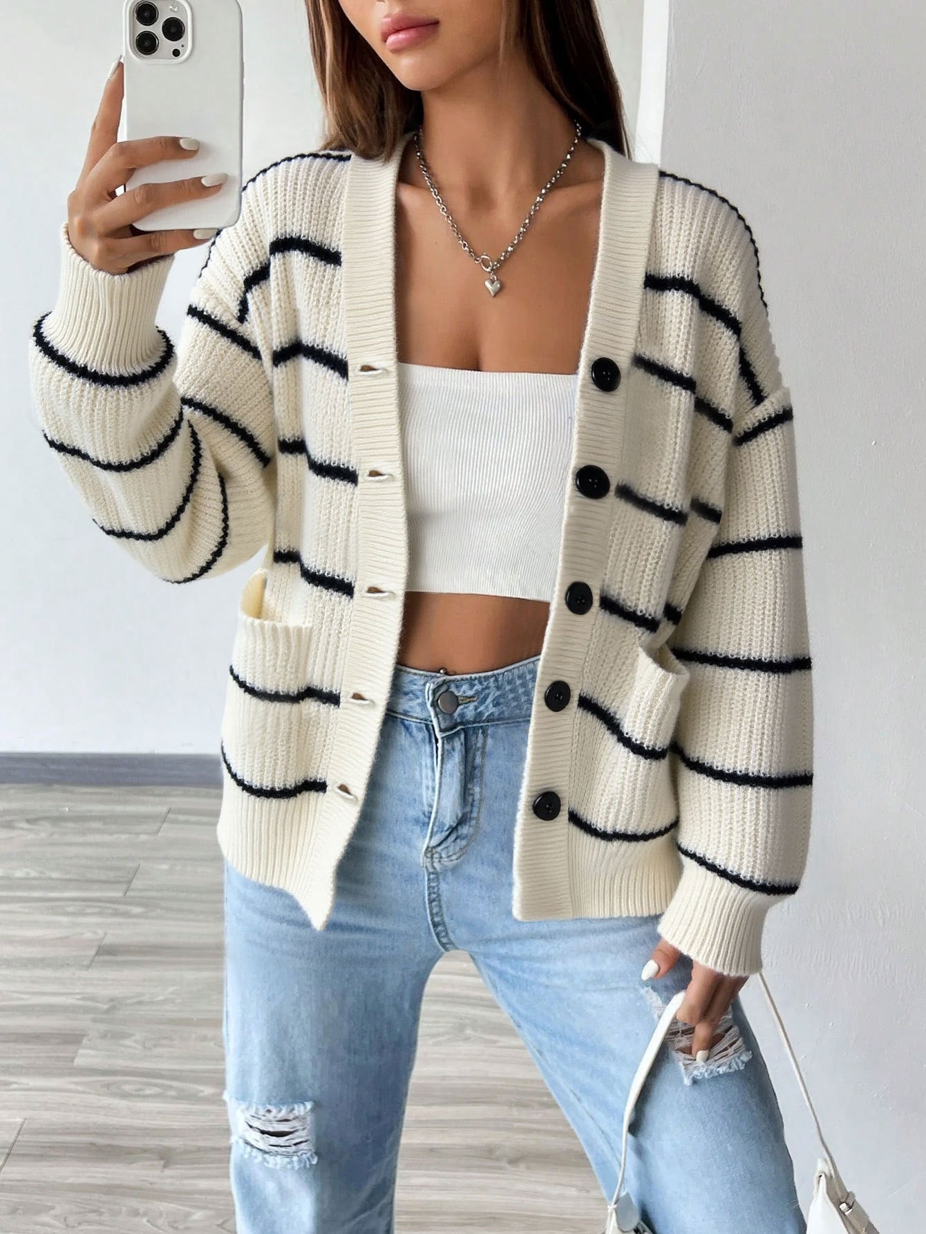 white striped cardigan front view oversized fit