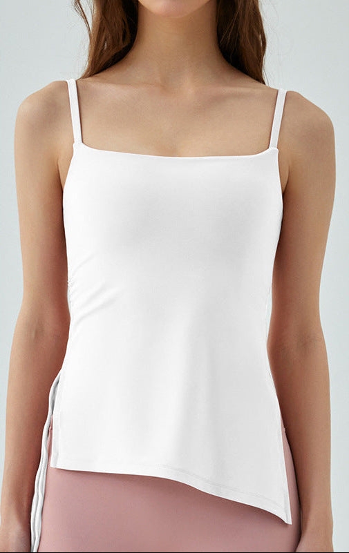 Woman modeling white cooling tank top with thin straps and side tie.