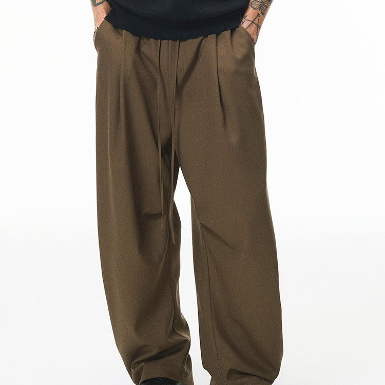 Khaki wide-leg trousers with drawstring waist, casual streetwear fit