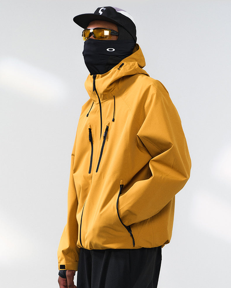 Yellow windbreaker jacket left side view, zip pockets visible