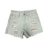 Front view of distressed light wash denim shorts with heavy ripped details and frayed hems.