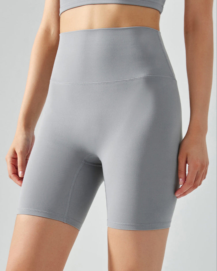 High waisted women workout shorts in french gray with seamless design and cooling fabric